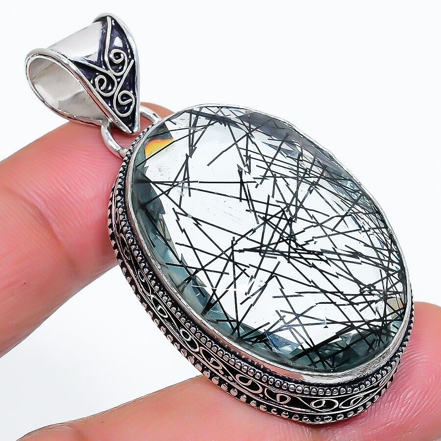 Black Rutile Gemstone Handmade 925 Sterling Silver Oval Cut Jewelry Pendant