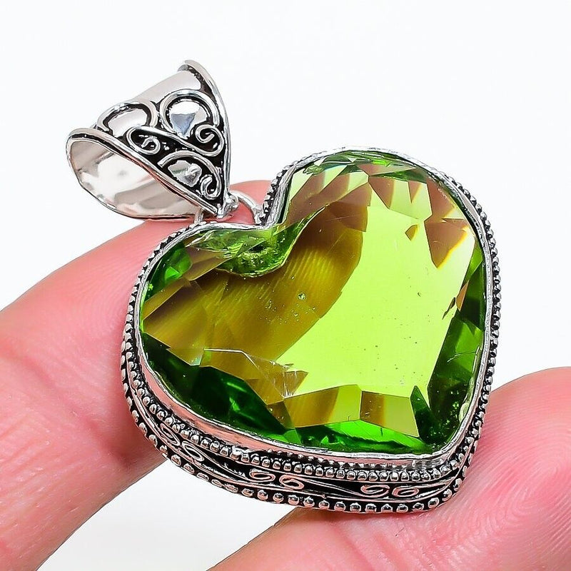 Green Peridot Gemstone Handmade 925 Sterling Silver Jewelry Heart Cut Pendant