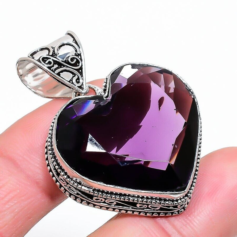 Purple Amethyst  Gemstone Handmade 925 Sterling Silver Jewelry Heart Cut Pendant