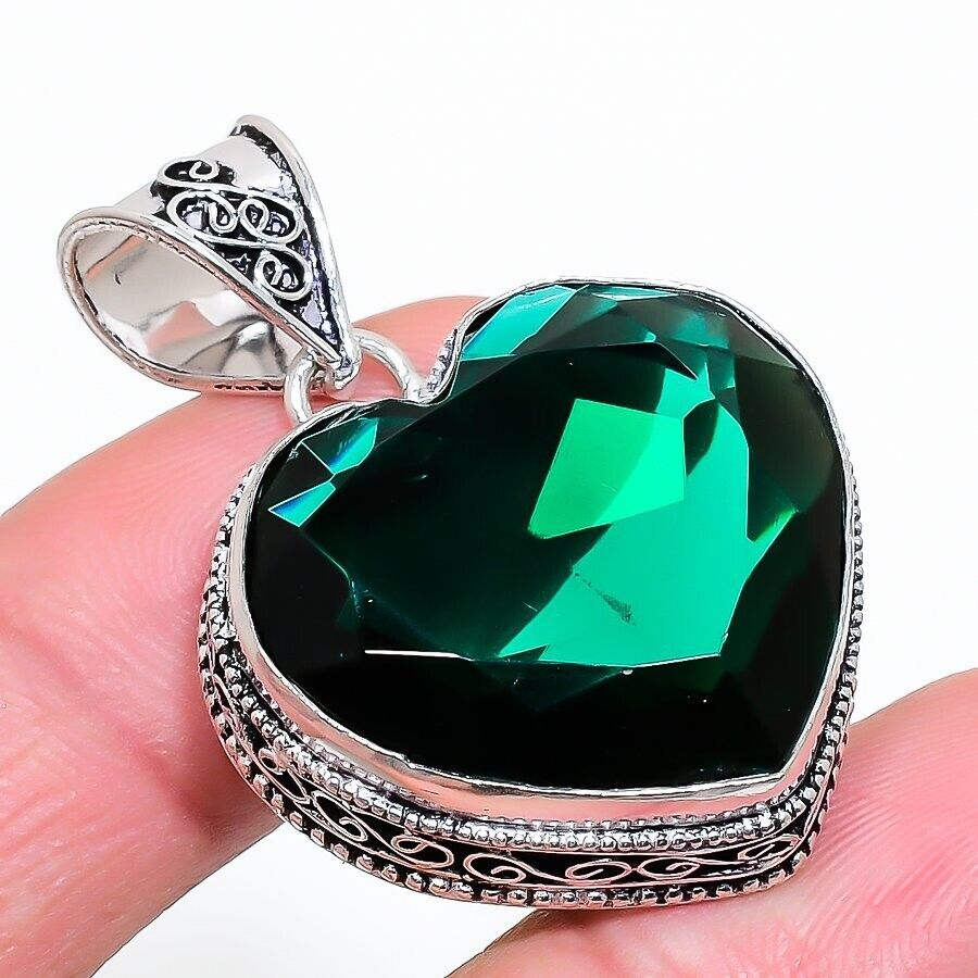 Green Tourmaline Gemstone Handmade 925 Sterling Silver Jewelry Heart Cut Pendant