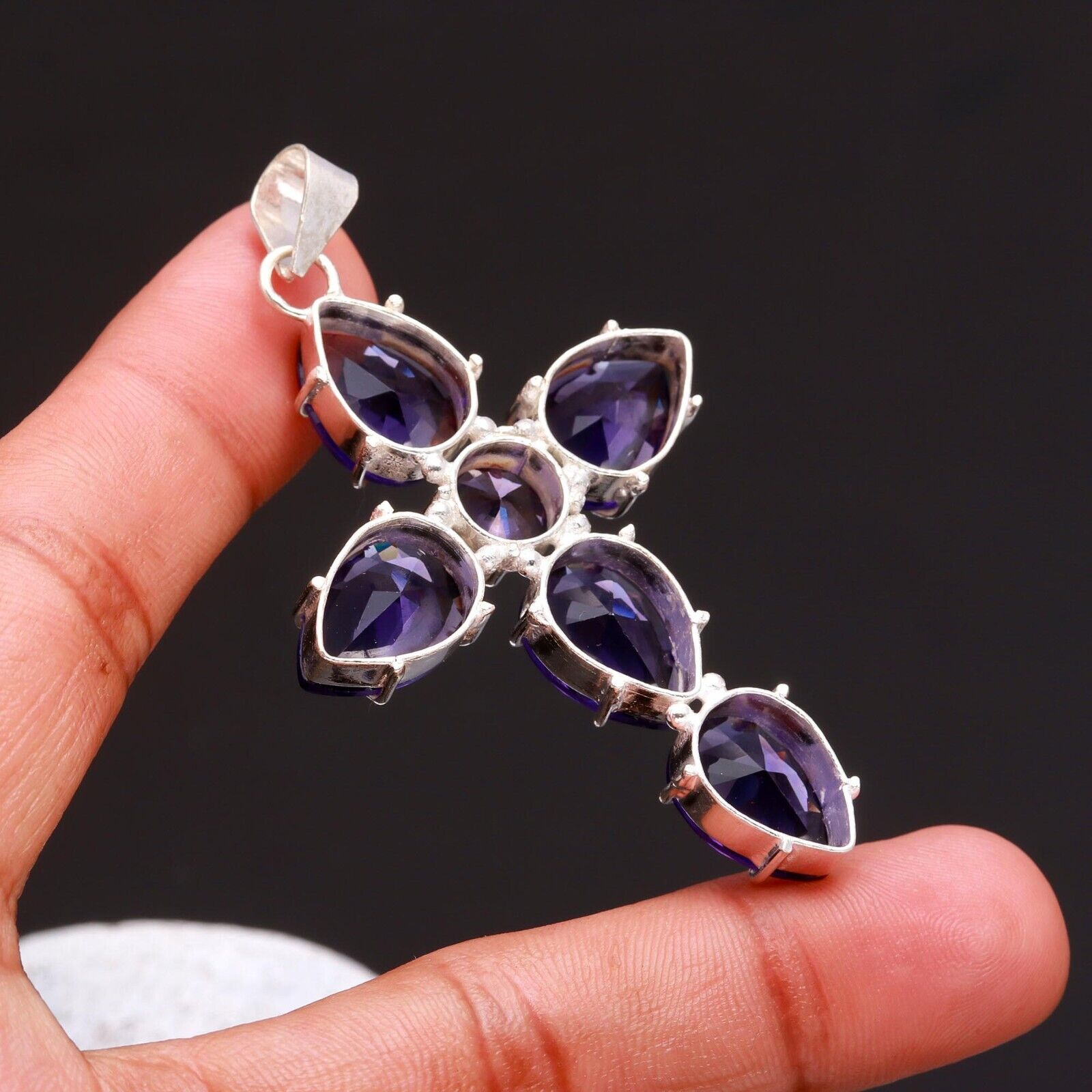 Blue Tanzanite Gemstone Handmade 925 Sterling Silver Jewelry Cross Cut Pendant