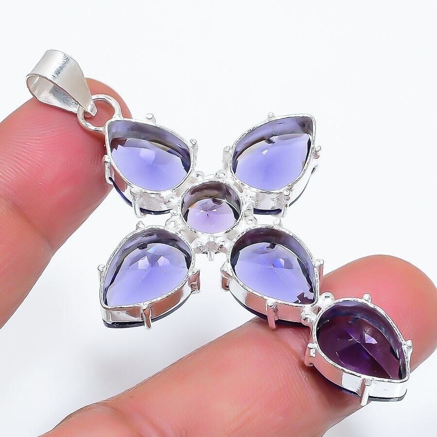 Blue Tanzanite Gemstone Handmade 925 Sterling Silver Jewelry Cross Cut Pendant