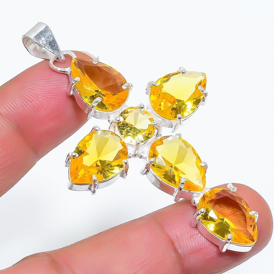 Citrine Gemstone Handmade 925 Sterling Silver Jewelry Cross Cut Pendant