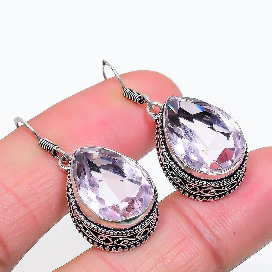 Pink Kunzite Gemstone Handmade 925 Sterling Silver Jewelry pear Earring 1.50"