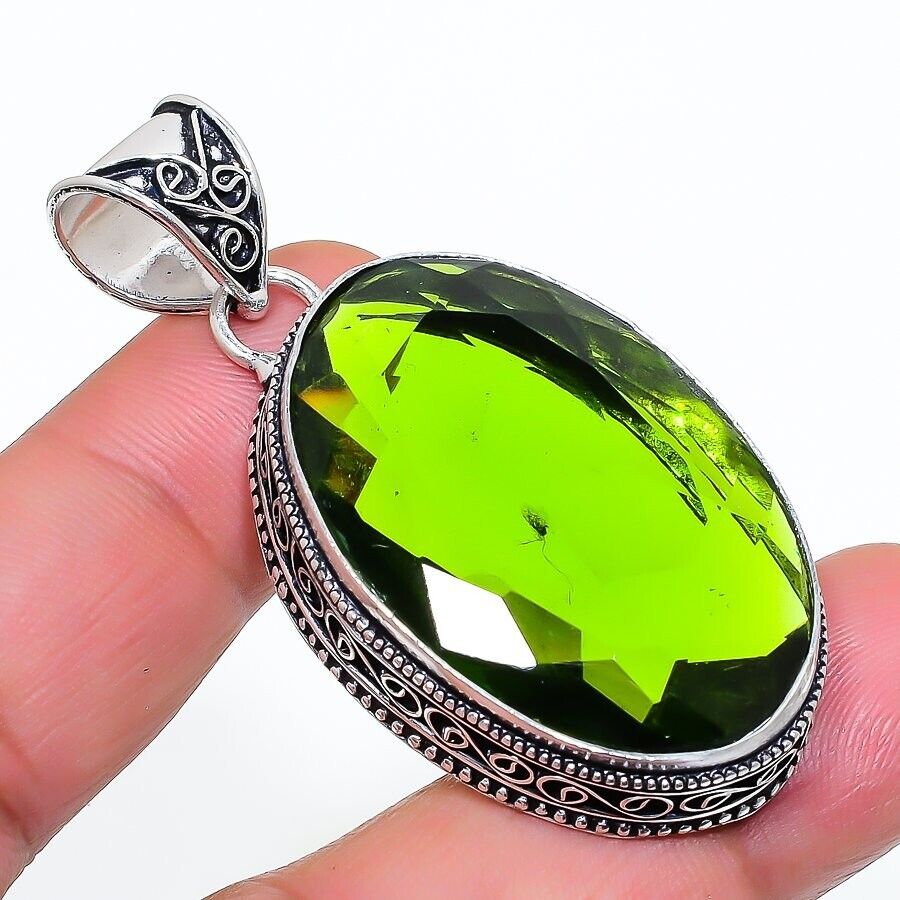 Green Peridot Gemstone Handmade 925 Sterling Silver Jewelry Oval Cut Pendant