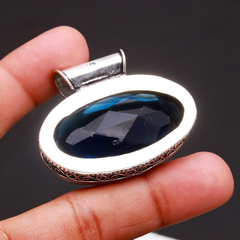 Blue Topaz Gemstone Handmade 925 Sterling Silver Oval Cut Jewelry Pendant