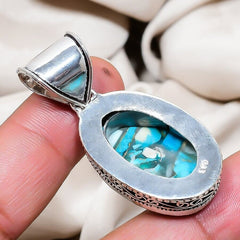 Blue Copper Turquoise Gemstone Handmade 925 Sterling Silver Jewelry Oval Pendant