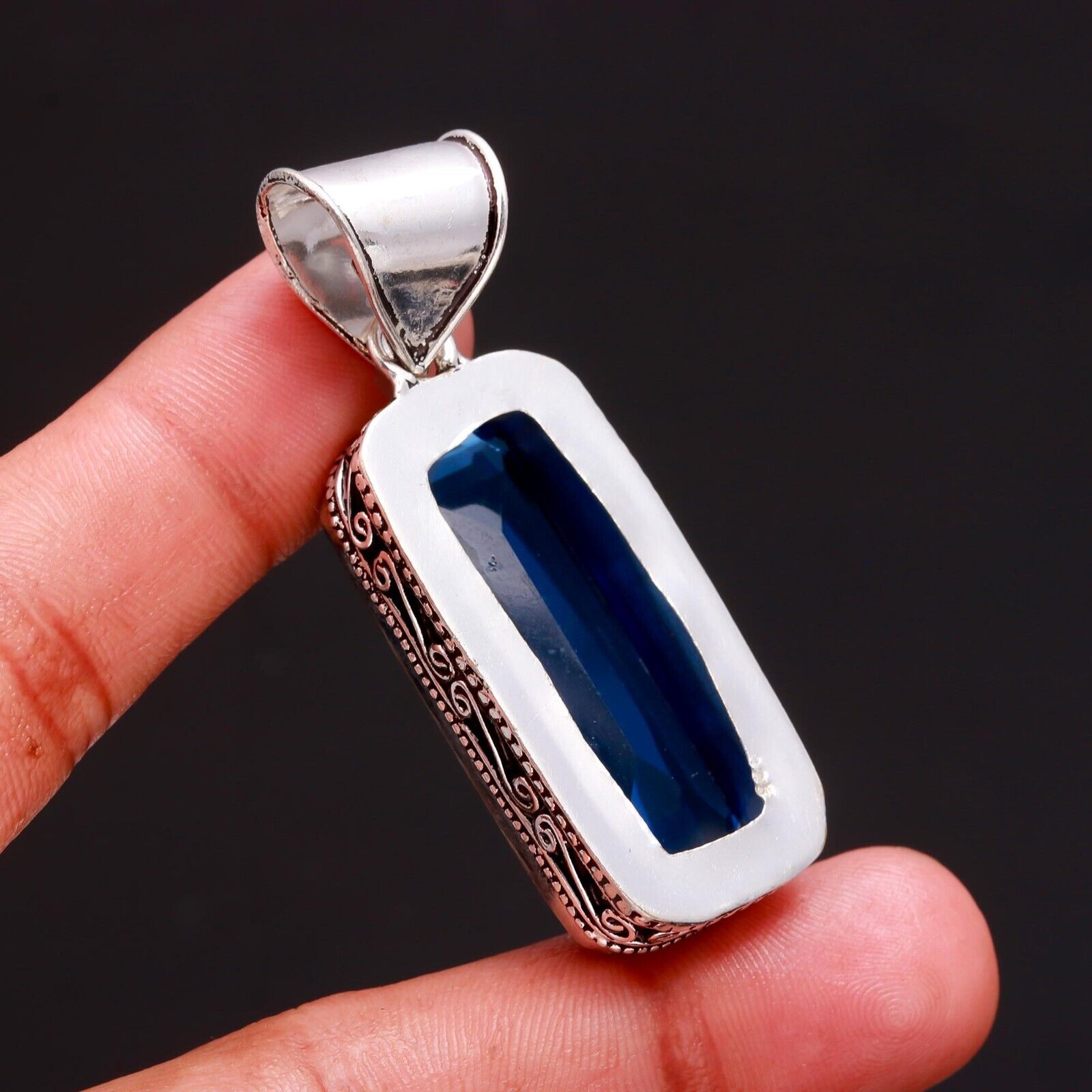 Blue Topaz Gemstone Handmade 925 Sterling Silver Jewelry Baguette Cut Pendant