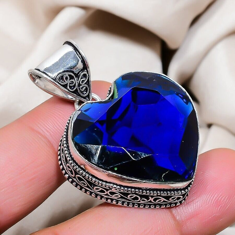 Blue Tanzanite Gemstone Handmade 925 Sterling Silver Jewelry Heart Cut Pendant