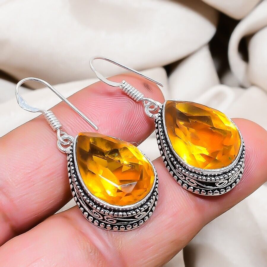 Citrine Gemstone Handmade 925 Sterling Silver Jewelry Oval Earring 1.50"