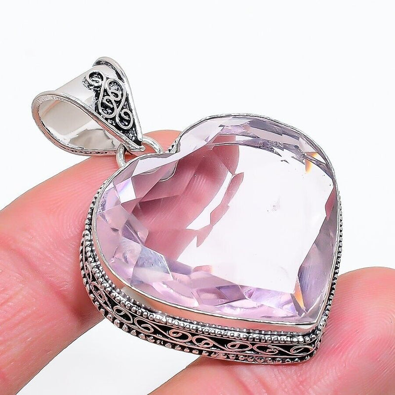 Pink Kunzite Gemstone Handmade 925 Sterling Silver Jewelry Heart Cut Pendant