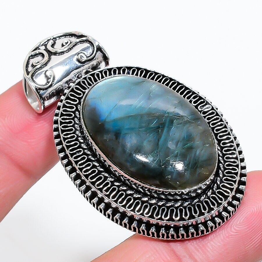 Natural Labradorite  Gemstone Handmade 925 Sterling Silver Jewelry Oval Pendant