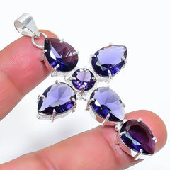 Blue Tanzanite Gemstone Handmade 925 Sterling Silver Jewelry Cross Cut Pendant