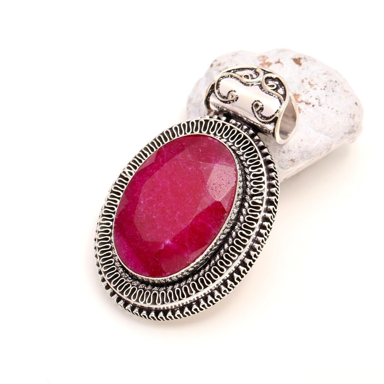 Red Ruby Gemstone Handmade 925 Sterling Silver Oval Cut Jewelry Pendant