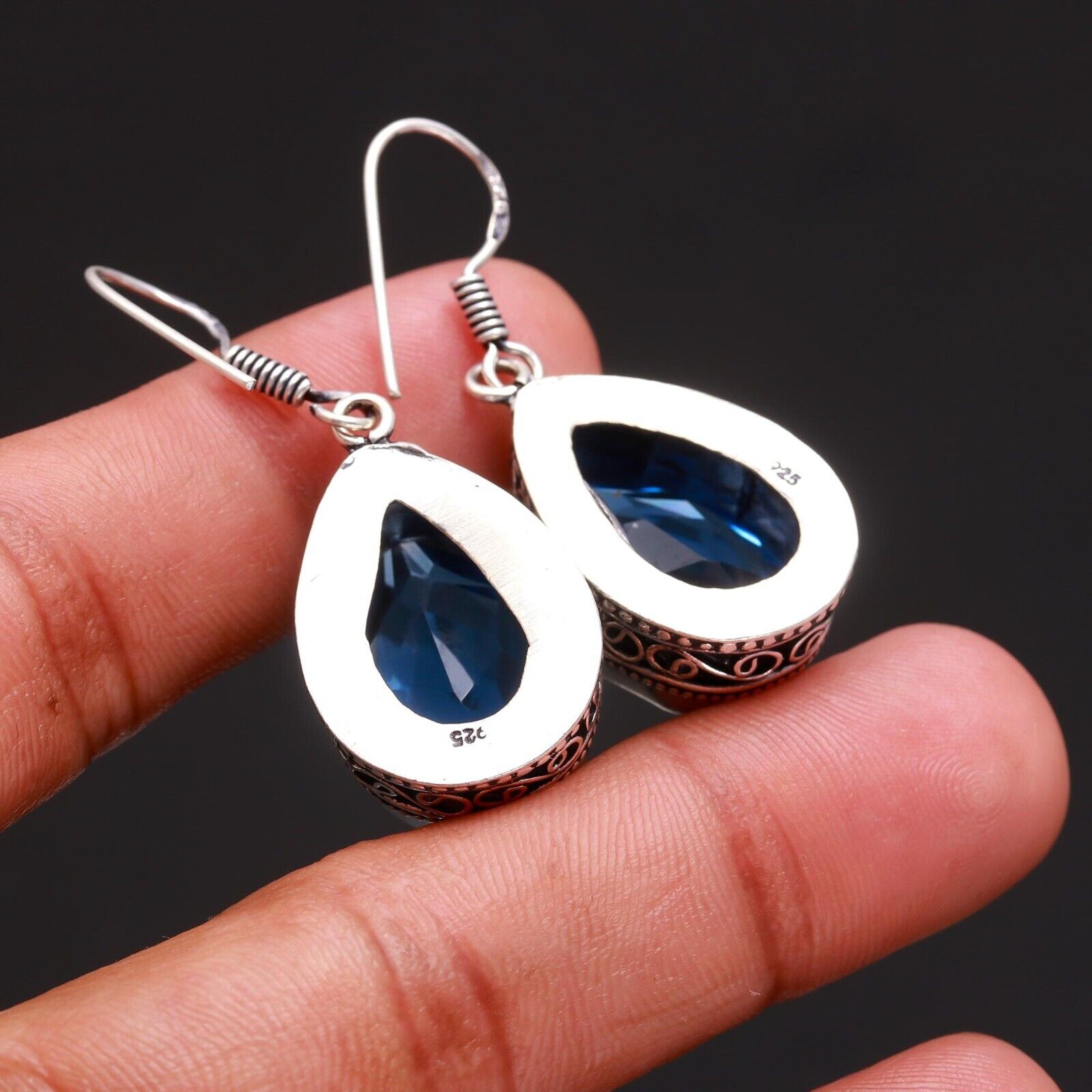 Blue Topaz Gemstone Handmade 925 Sterling Silver Jewelry pear Earring 1.50"