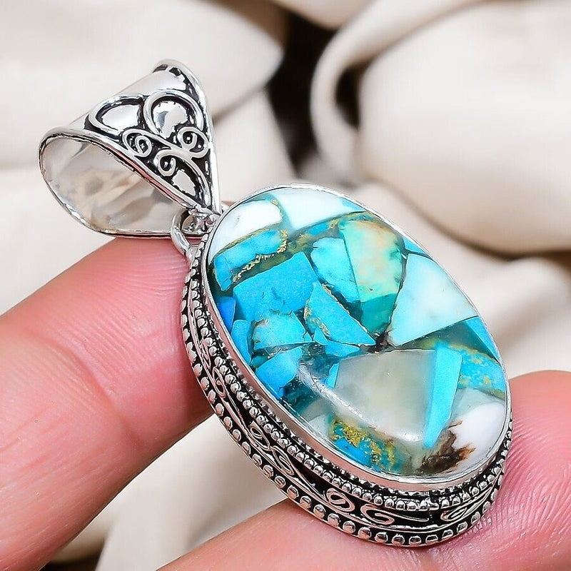 Blue Copper Turquoise Gemstone Handmade 925 Sterling Silver Jewelry Oval Pendant