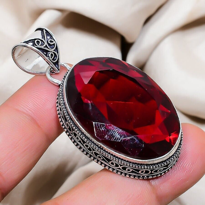 Red Garnet Gemstone Handmade 925 Sterling Silver Jewelry Oval Cut Pendant