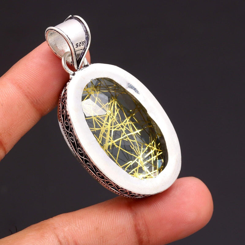 Golden Rutile Quartz Handmade 925 Sterling Silver Oval Cut Jewelry Pendant