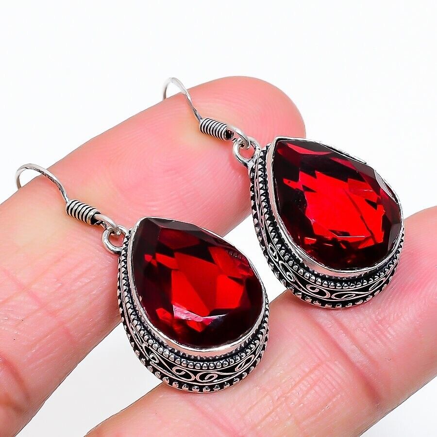 Mozambique Garnet Gemstone Handmade 925 Sterling Silver Jewelry pear Earring