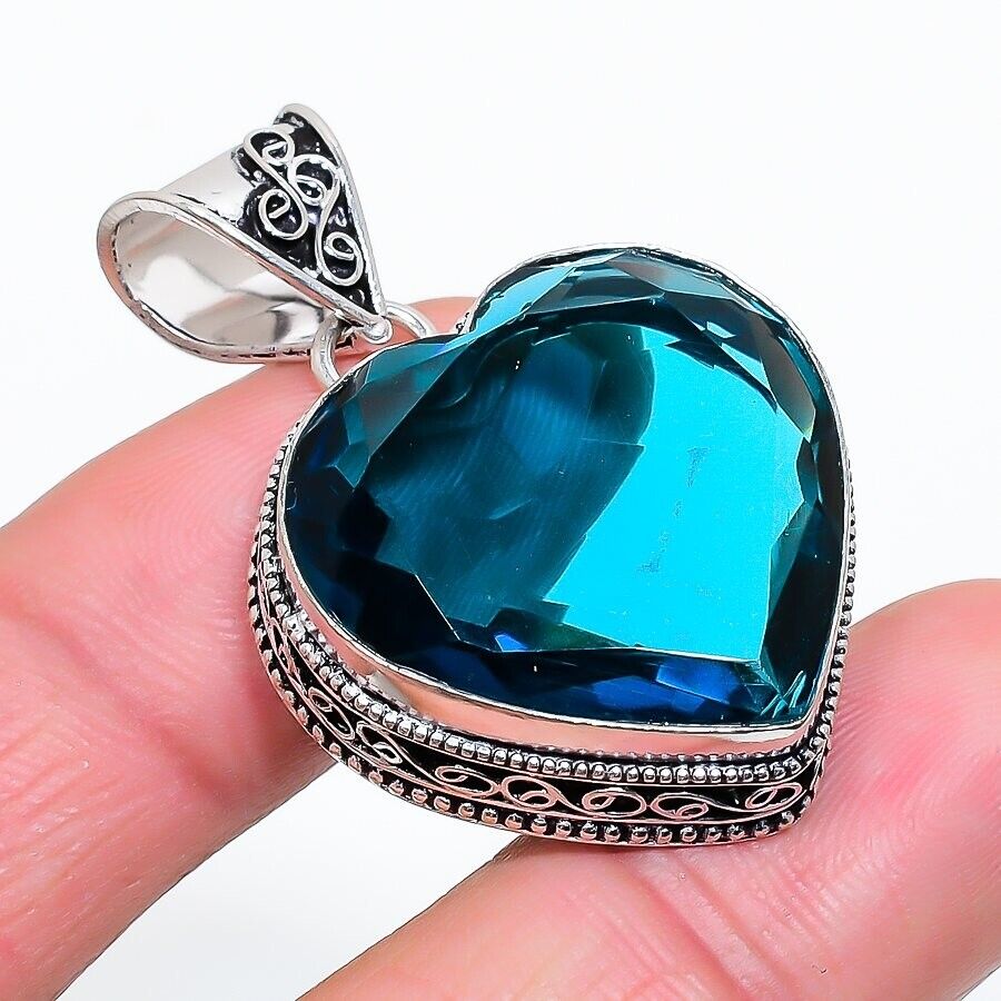 Swiss Blue Topaz Gemstone Handmade 925 Sterling Silver Jewelry Heart Cut Pendant