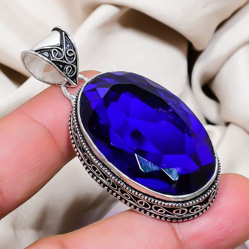 Blue Tanzanite Gemstone Handmade 925 Sterling Silver Jewelry Oval Cut Pendant