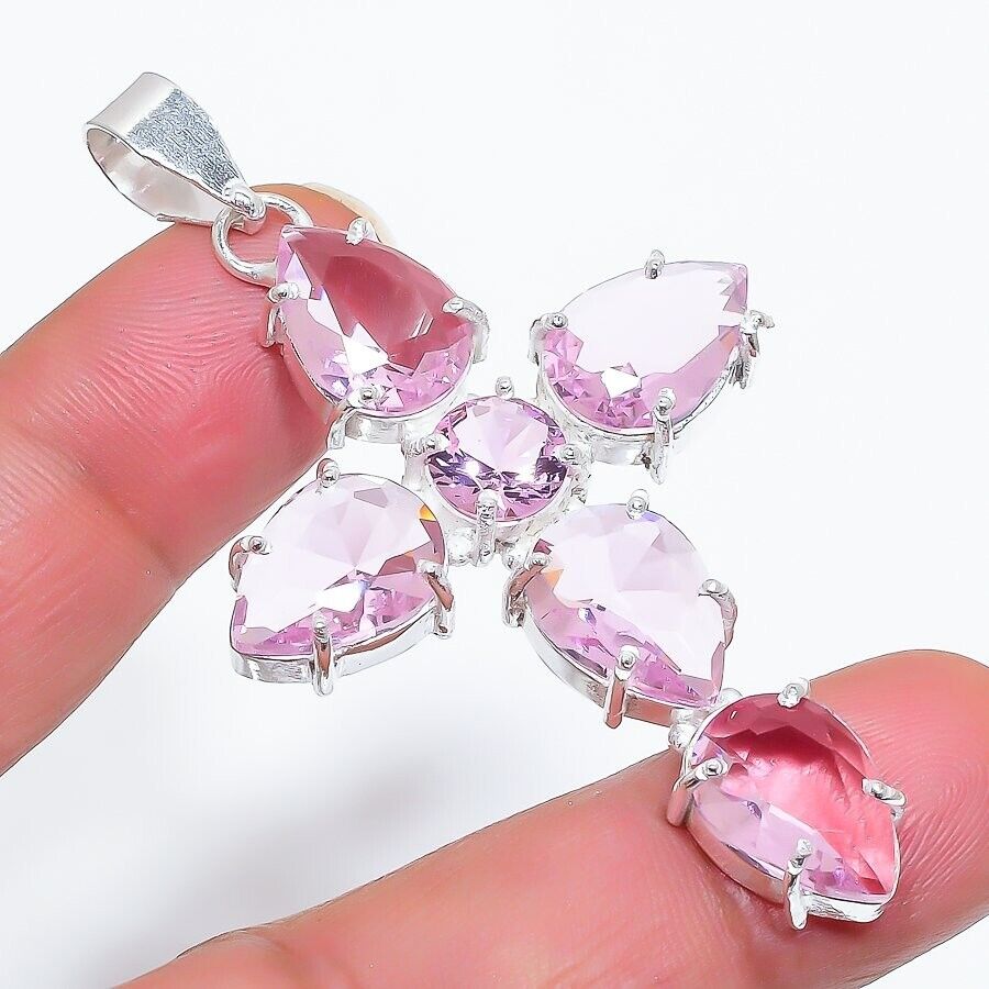 Pink Kunzite Gemstone Handmade 925 Sterling Silver Jewelry Cross Cut Pendant