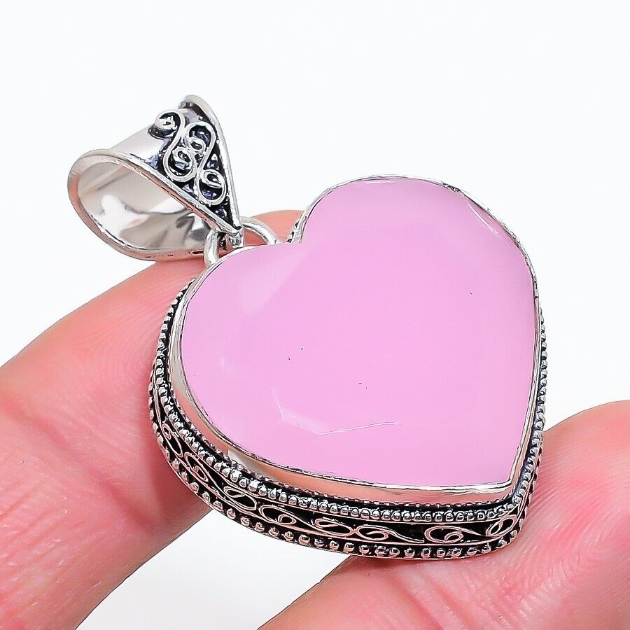 Pink Chalcedony Gemstone Handmade 925 Sterling Silver Jewelry Heart Cut Pendant