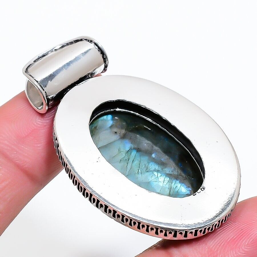 Natural Labradorite  Gemstone Handmade 925 Sterling Silver Jewelry Oval Pendant