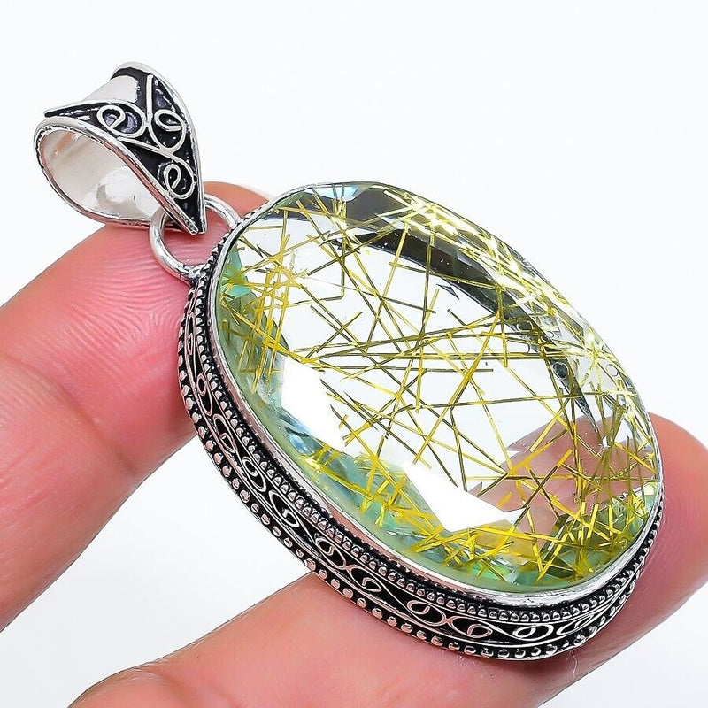 Golden Rutile Quartz Handmade 925 Sterling Silver Oval Cut Jewelry Pendant