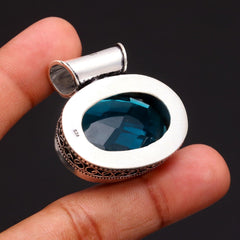 Blue Topaz Gemstone Handmade 925 Sterling Silver Oval Cut Jewelry Pendant