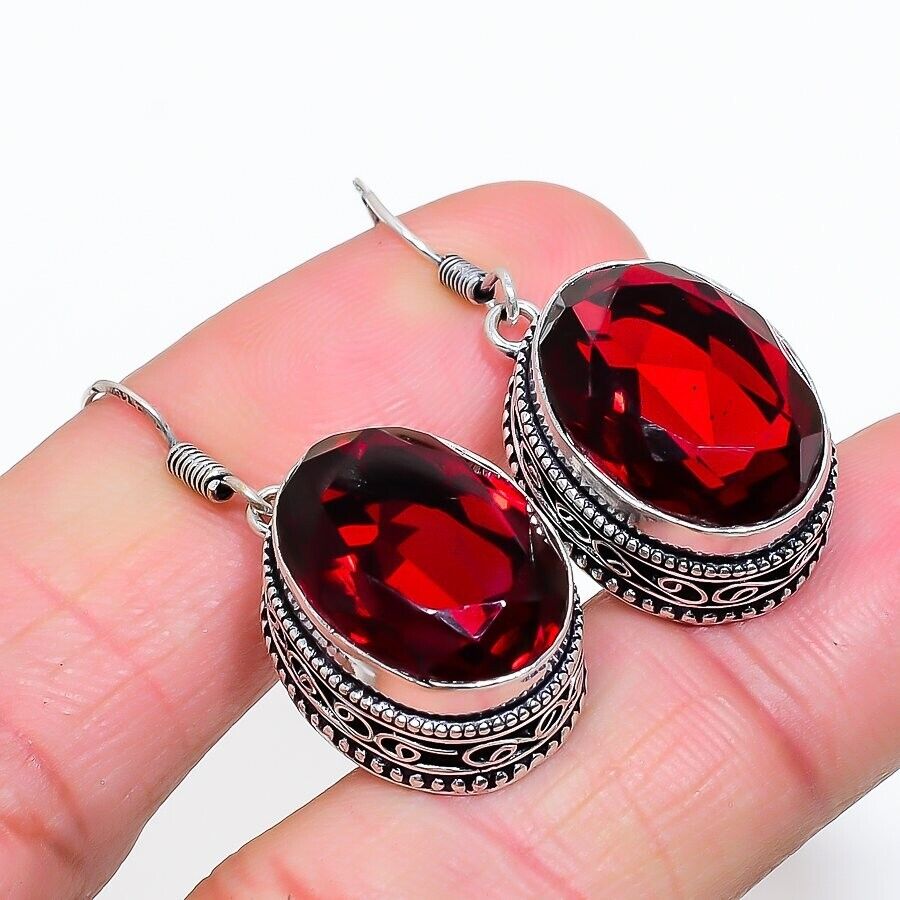 Mozambique Garnet Gemstone Handmade 925 Sterling Silver Jewelry Oval Earring