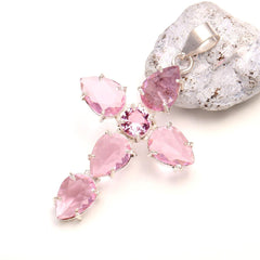 Pink Kunzite Gemstone Handmade 925 Sterling Silver Jewelry Cross Cut Pendant