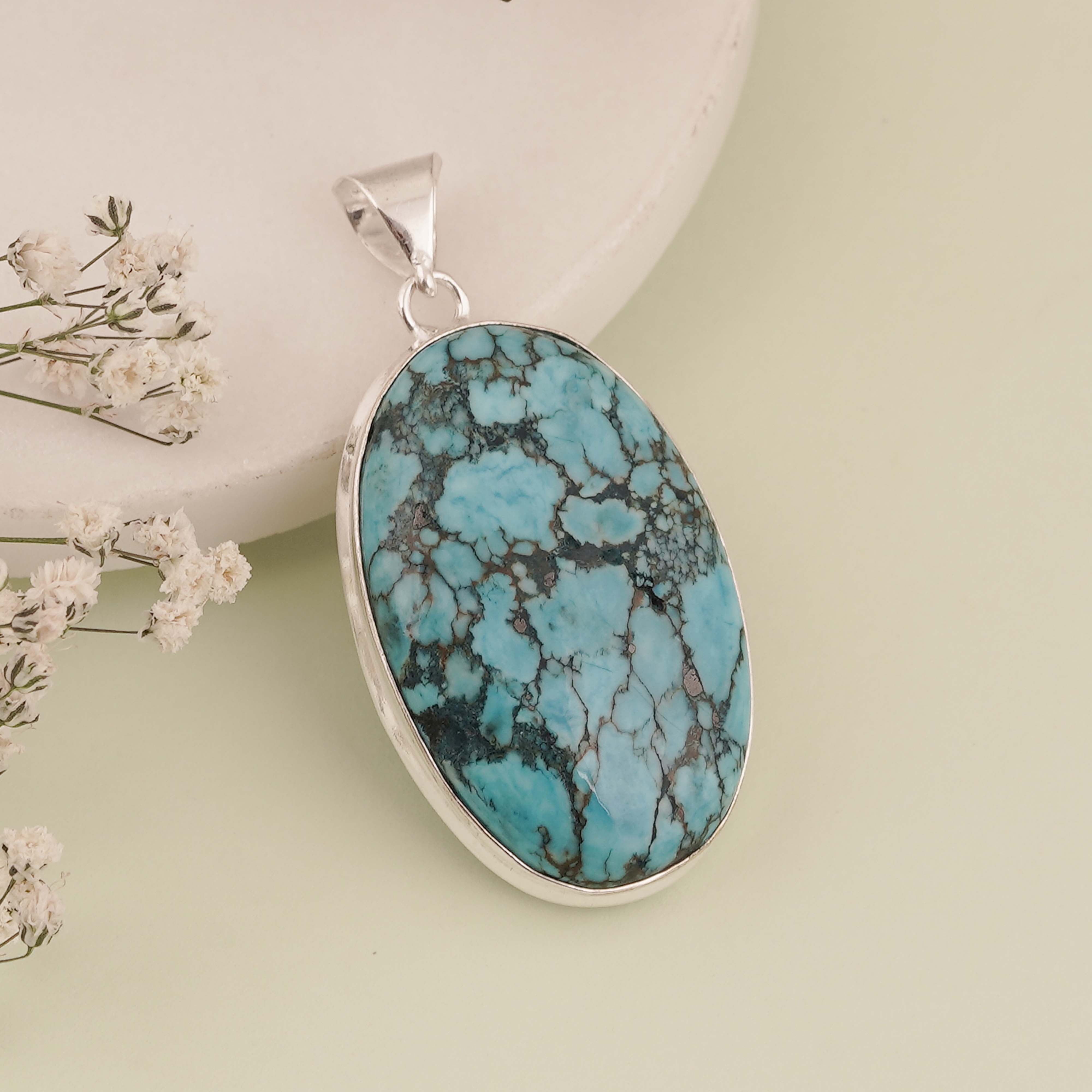 Oval Blue Turquoise Pendant in Sterling Silver