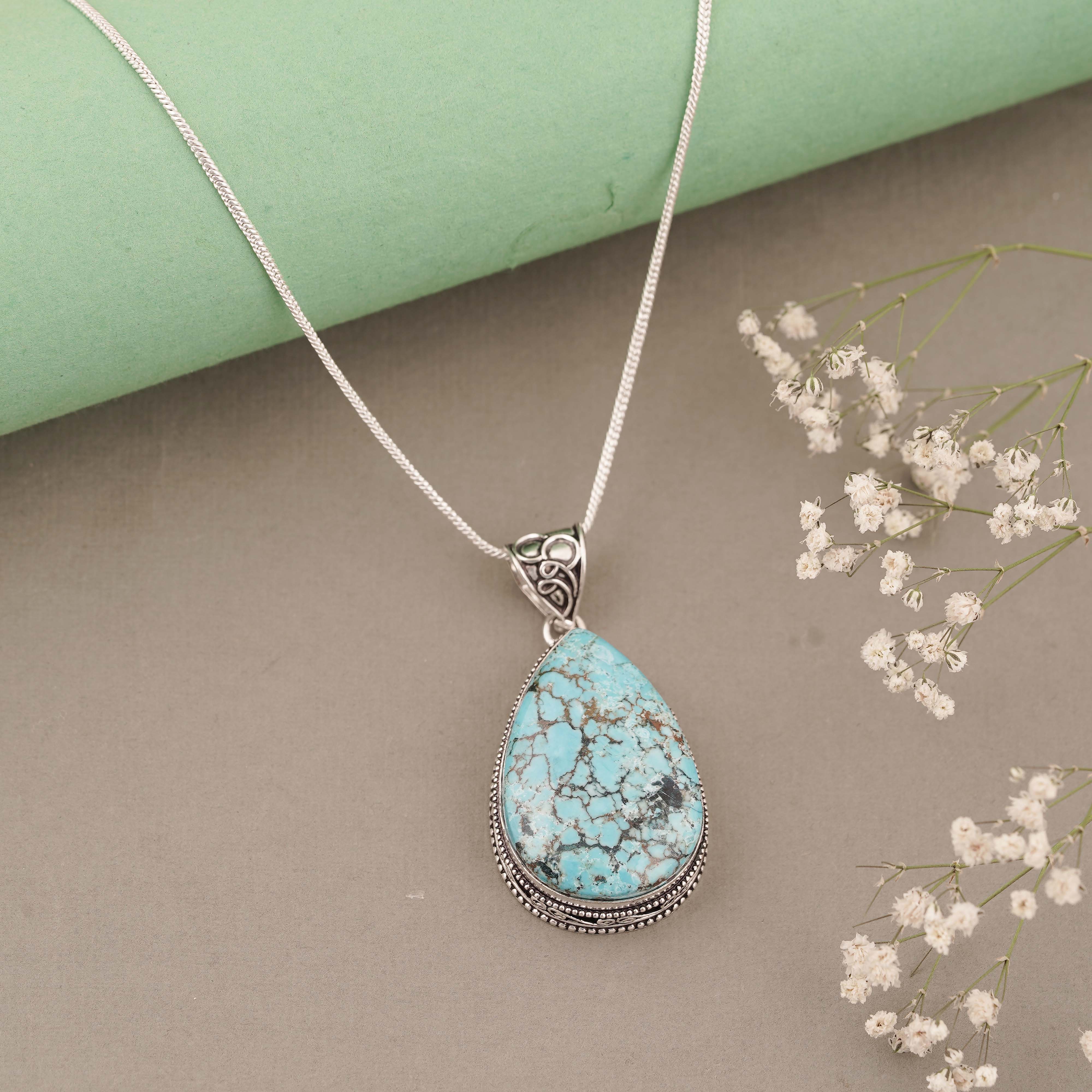 Teardrop Blue Turquoise Pendant in Sterling Silver