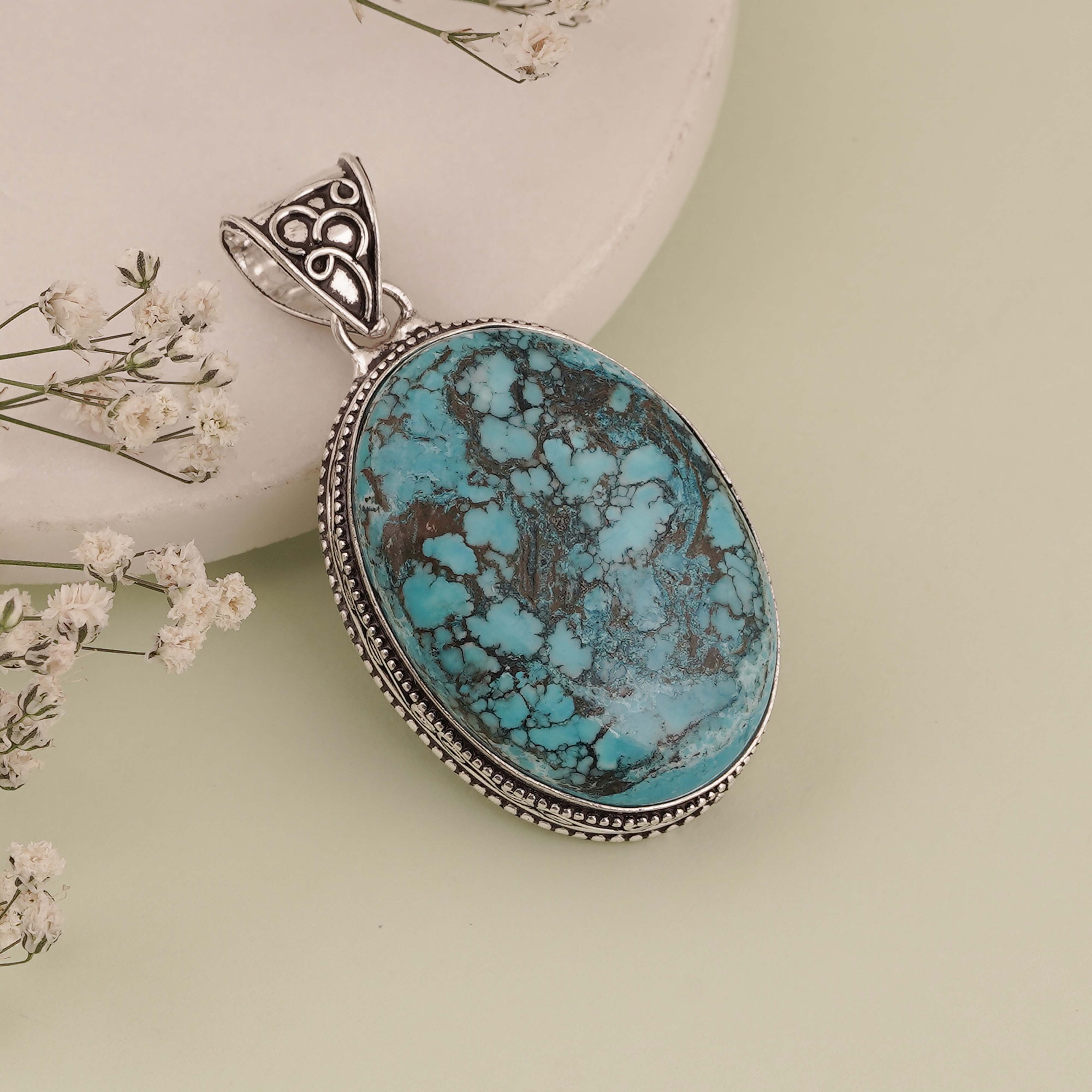 Oval Blue Turquoise Pendant in Sterling Silver