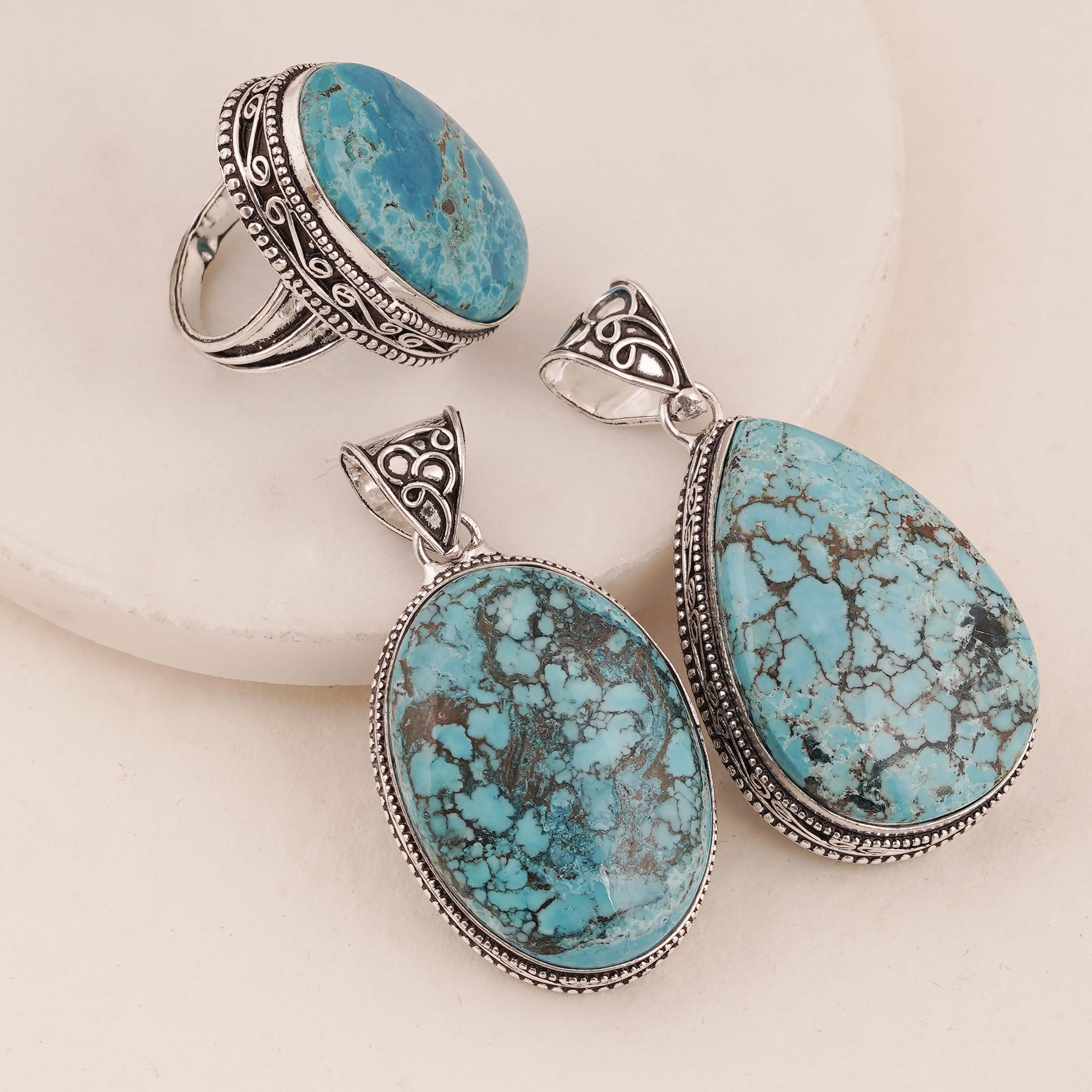 Natural Turquoise Jewelry Set – Pendants & Statement Ring