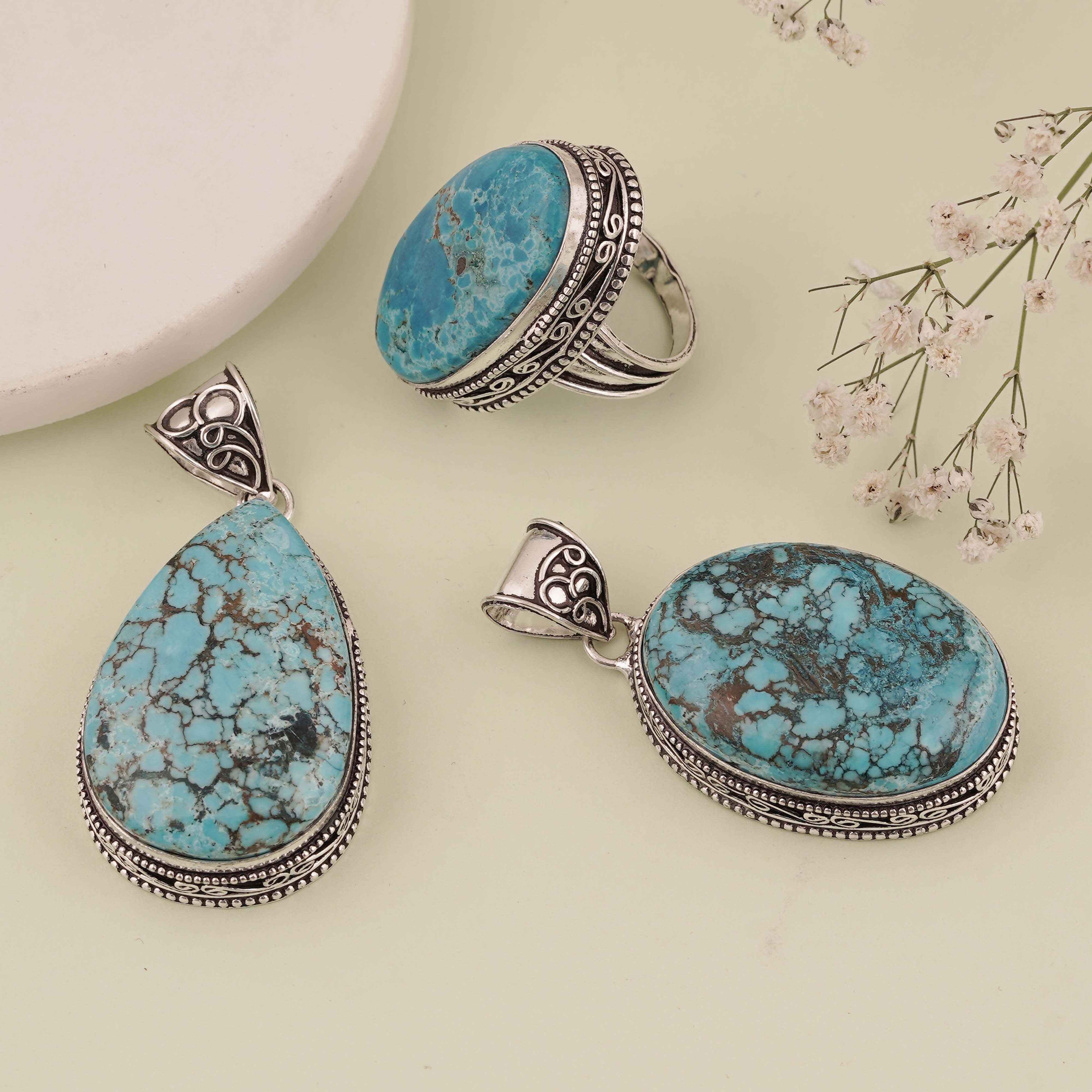 Natural Turquoise Jewelry Set – Pendants & Statement Ring