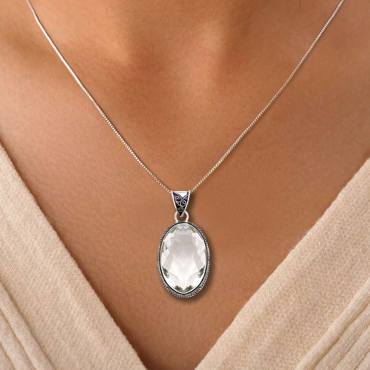 White Topaz Gemstone Handmade 925 Sterling Silver Oval Cut Jewelry Pendant