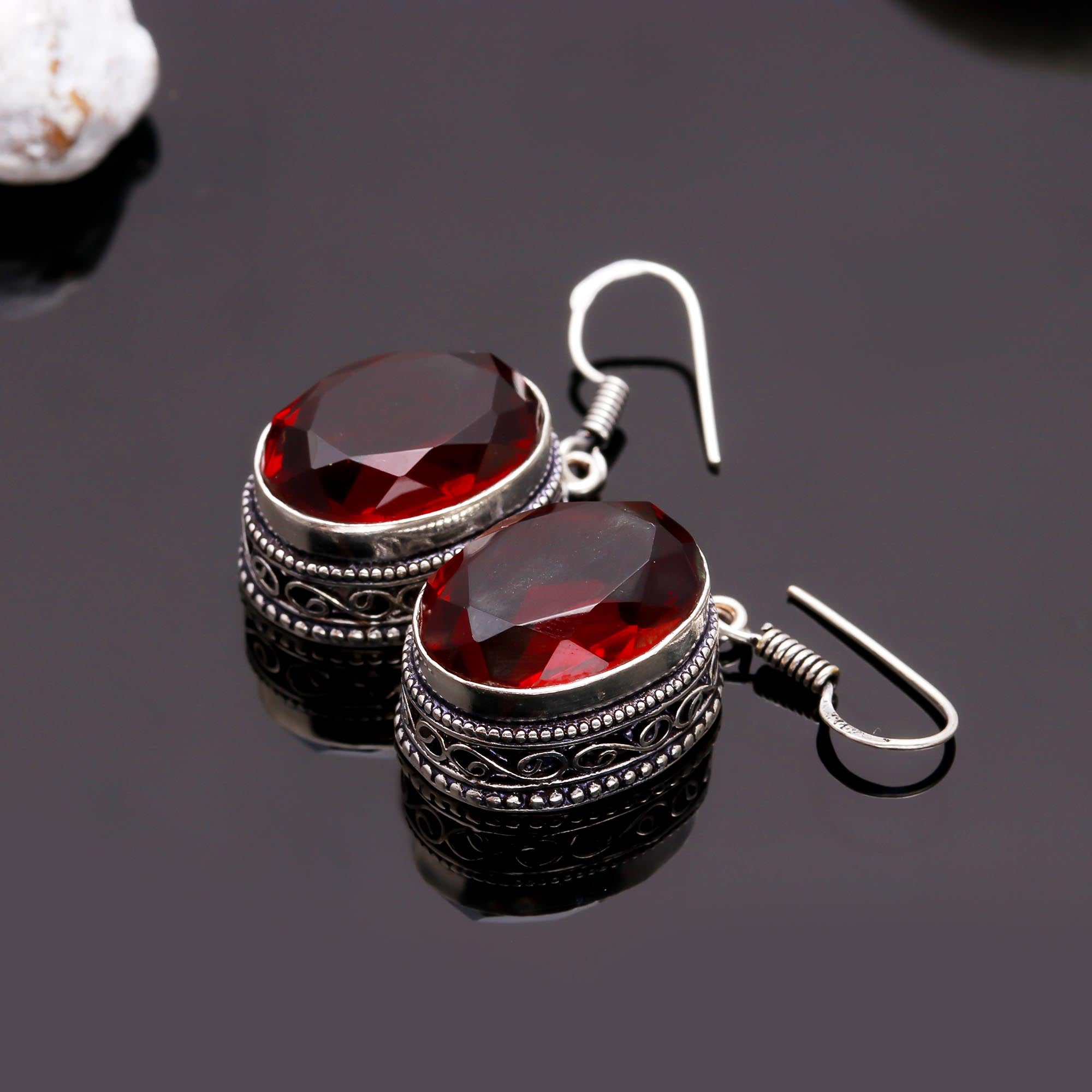 Mozambique Garnet Gemstone Handmade 925 Sterling Silver Jewelry Oval Earring