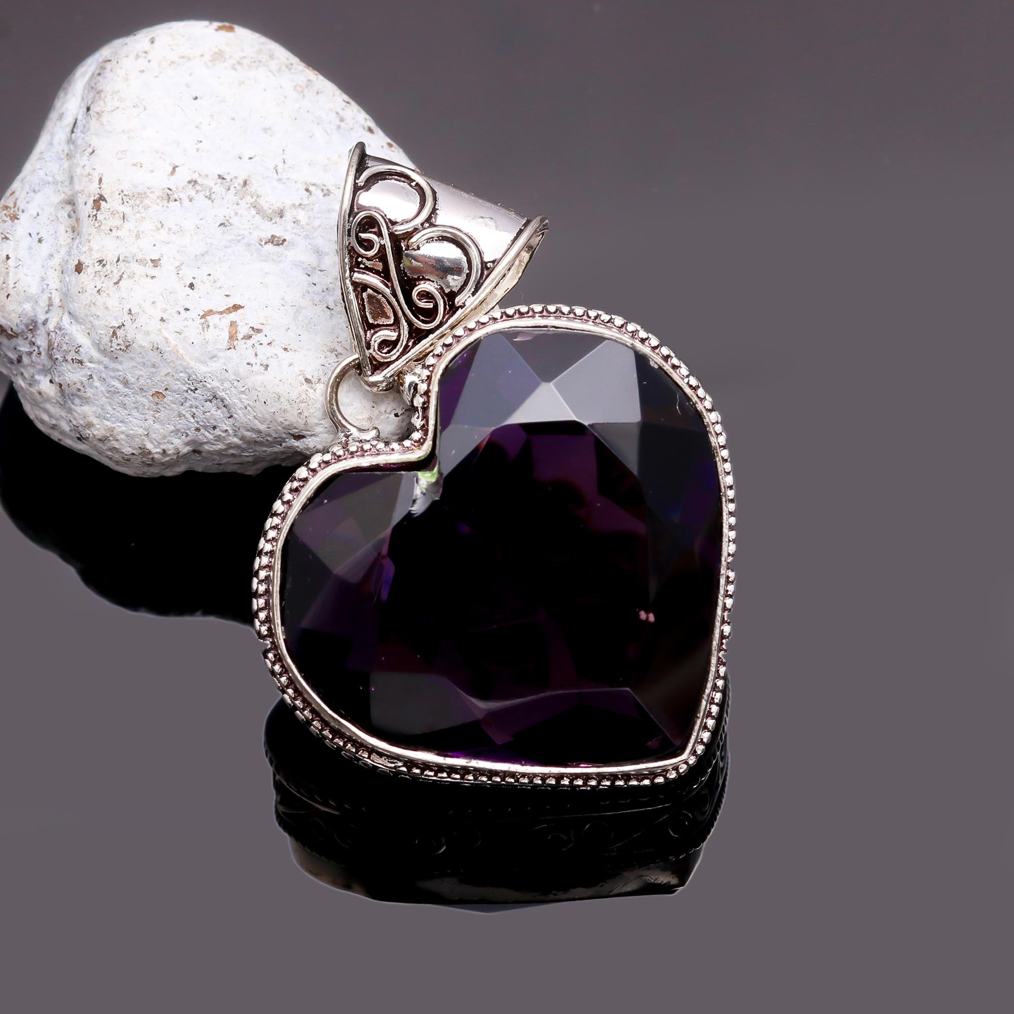 Purple Amethyst  Gemstone Handmade 925 Sterling Silver Jewelry Heart Cut Pendant