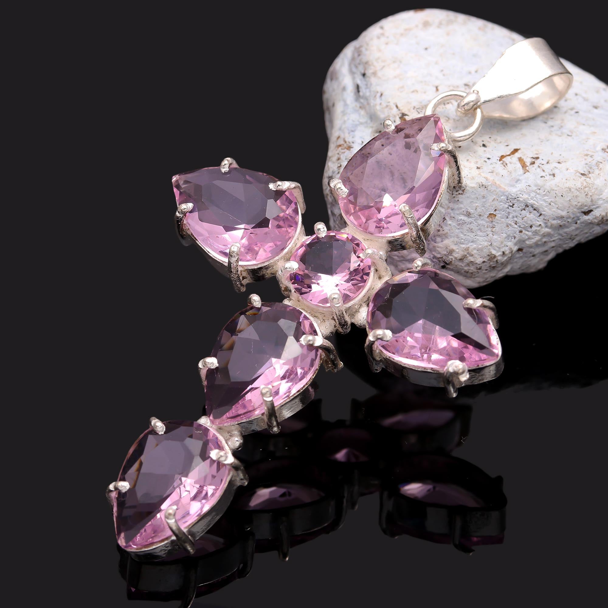 Pink Kunzite Gemstone Handmade 925 Sterling Silver Jewelry Cross Cut Pendant