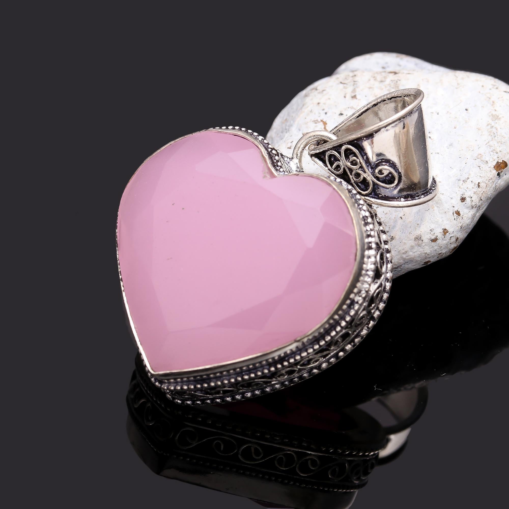 Pink Chalcedony Gemstone Handmade 925 Sterling Silver Jewelry Heart Cut Pendant