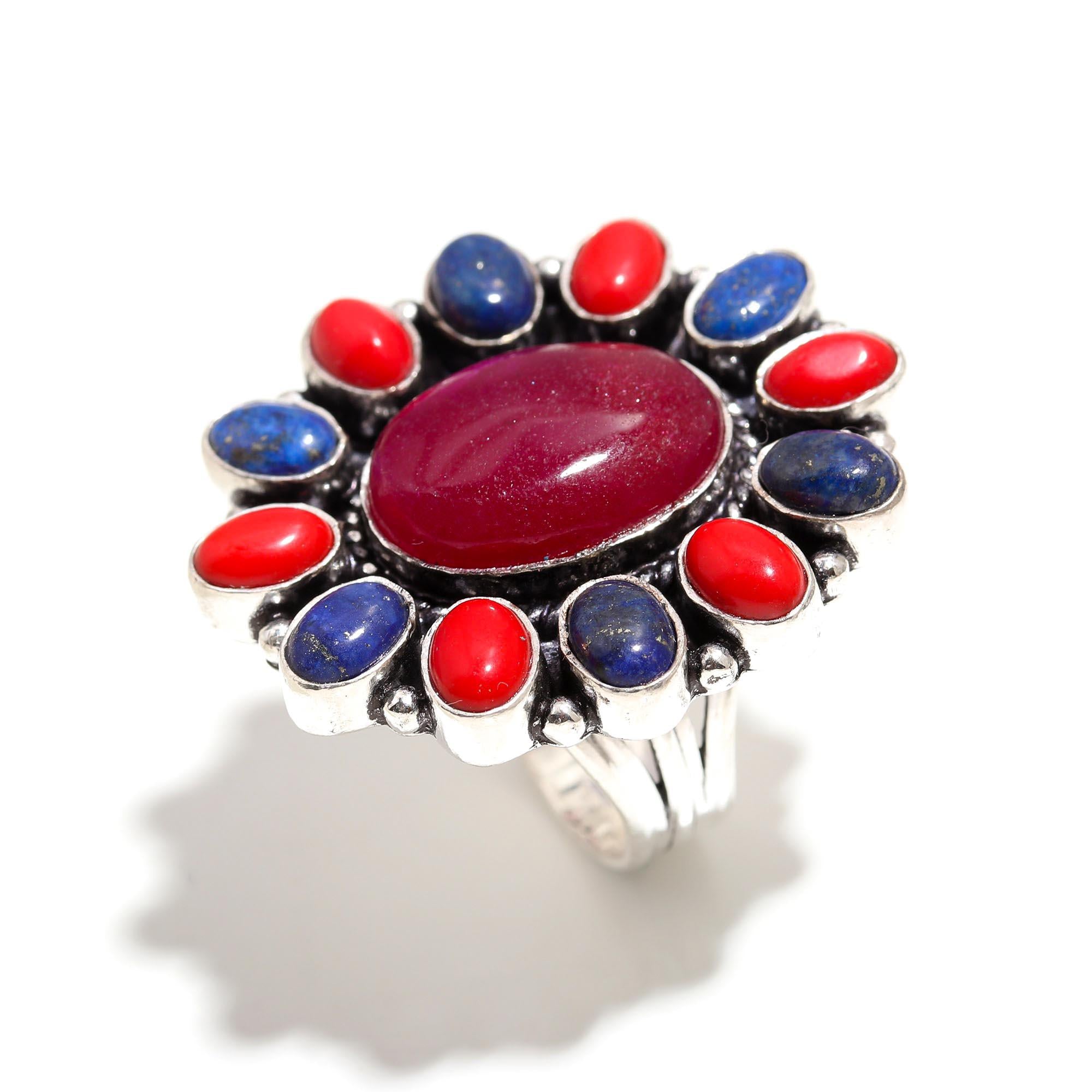 Handcrafted Ruby, Lapis Lazuli & Red Coral Statement Ring – Boho Chic Jewelry