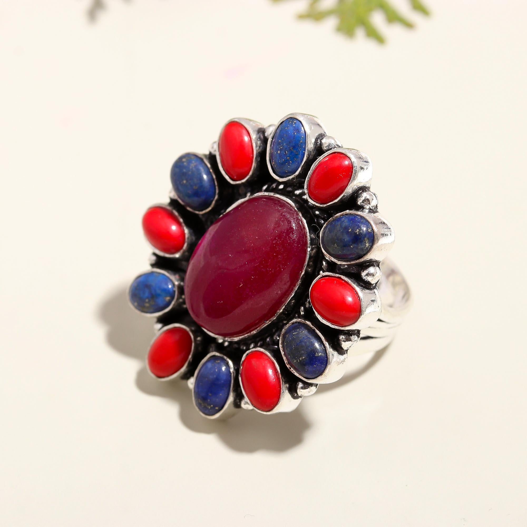 Handcrafted Ruby, Lapis Lazuli & Red Coral Statement Ring – Boho Chic Jewelry