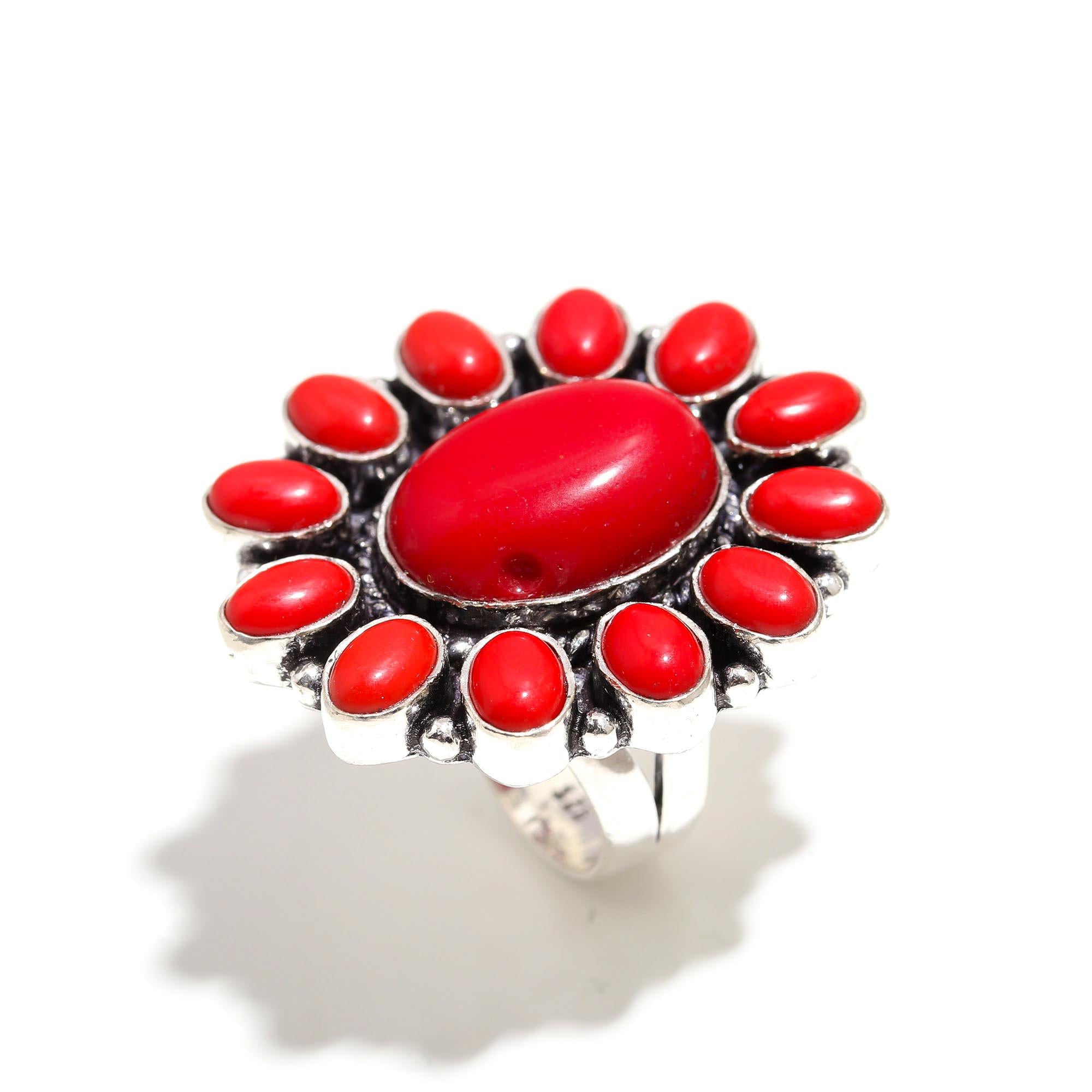 Bold Red Coral Statement Ring – Bohemian Silver Jewelry