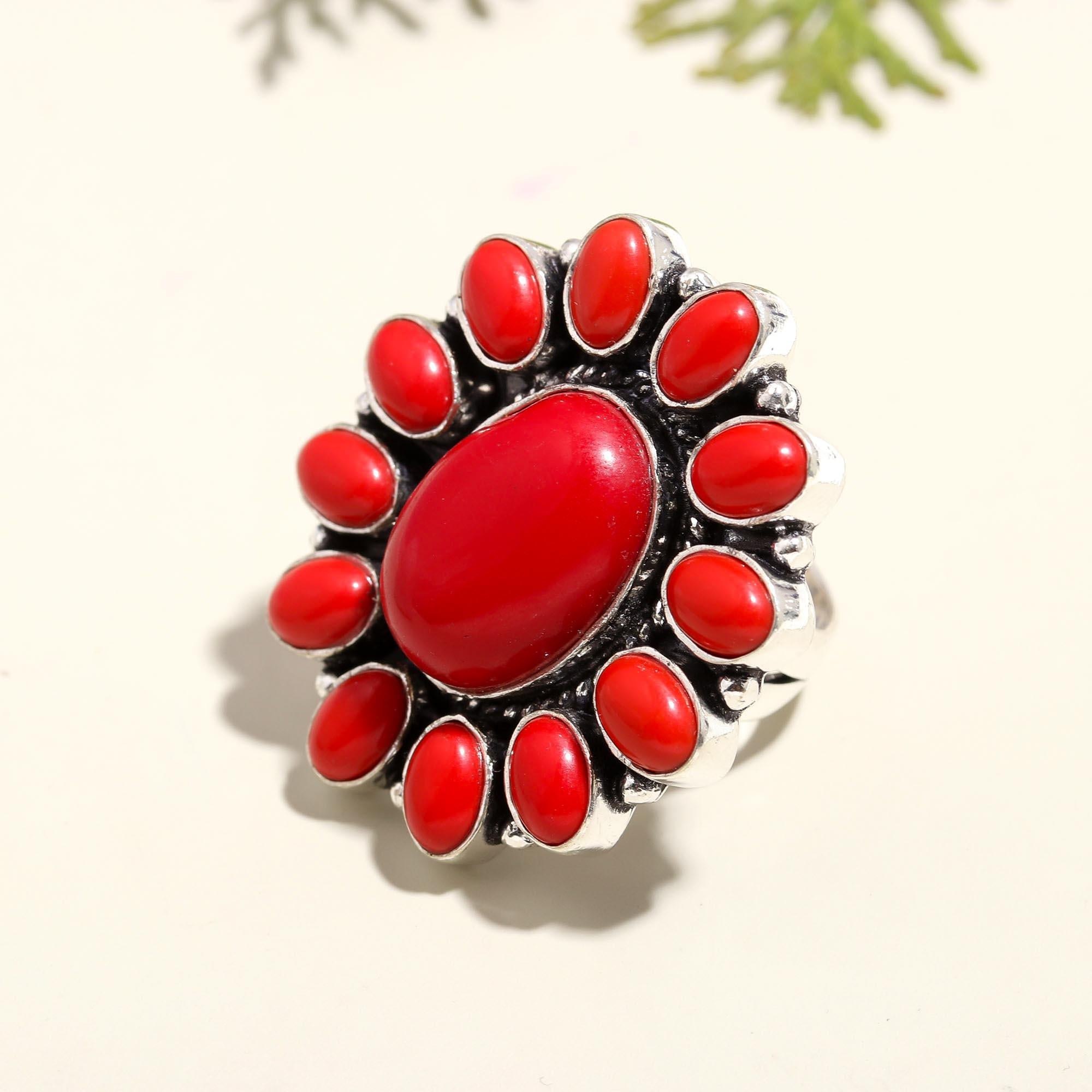 Bold Red Coral Statement Ring – Bohemian Silver Jewelry