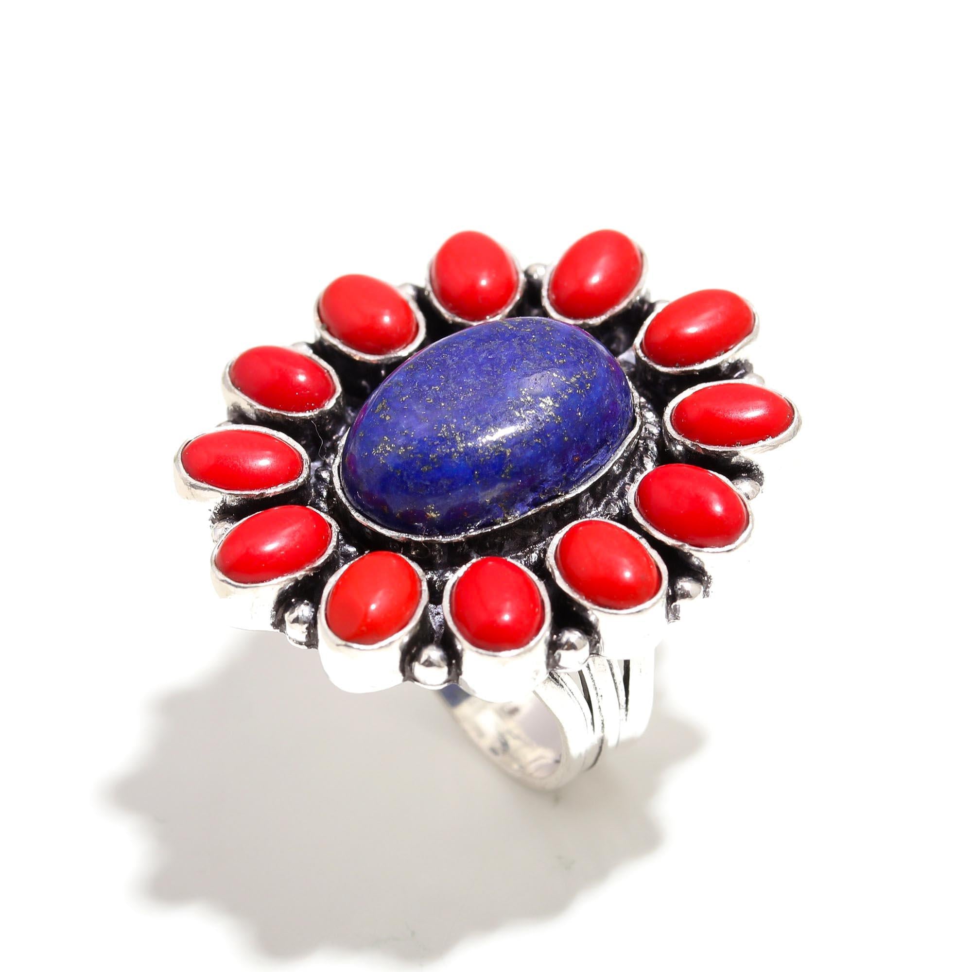 Lapis Lazuli & Red Coral Boho Statement Ring – Handmade Silver Jewelry