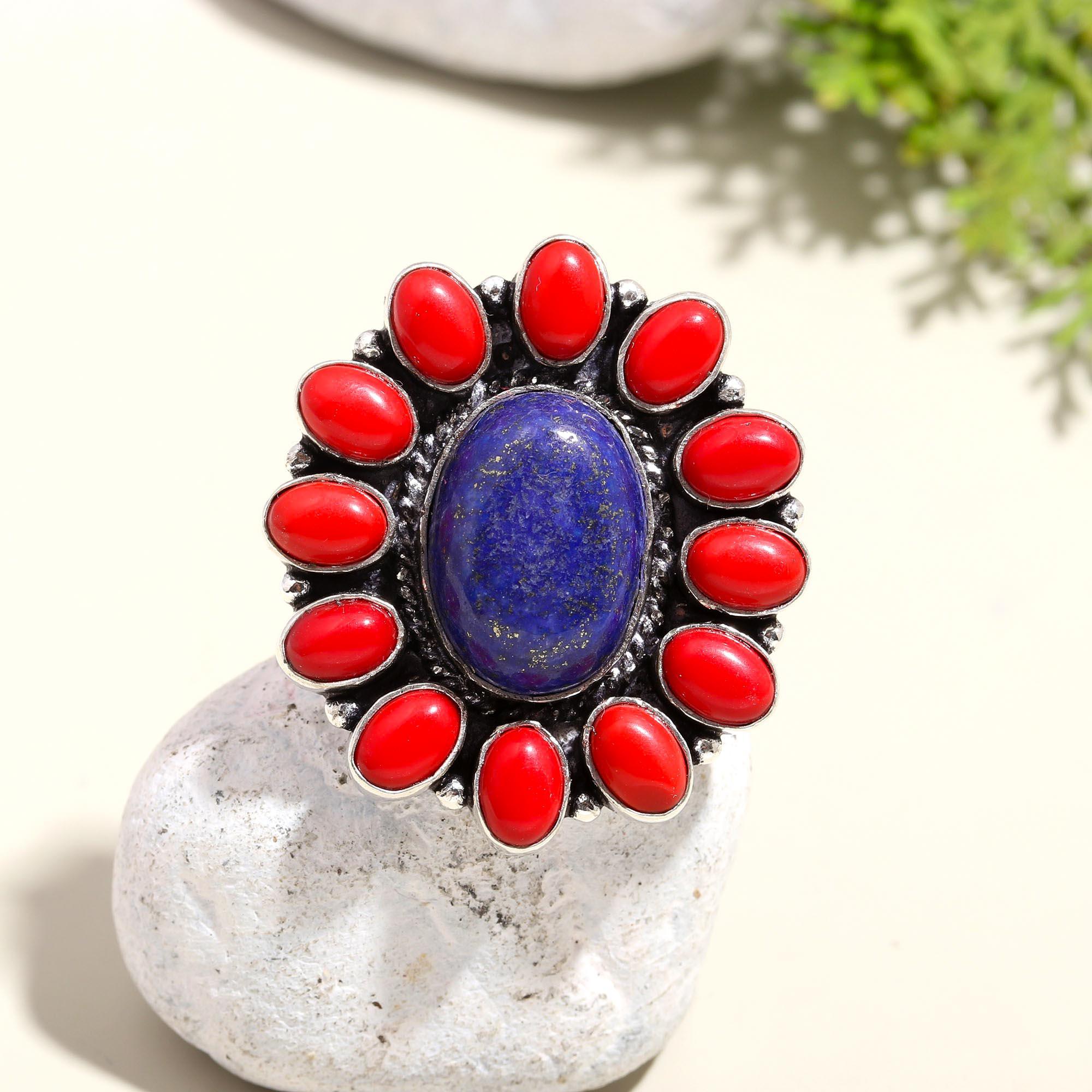 Lapis Lazuli & Red Coral Boho Statement Ring – Handmade Silver Jewelry