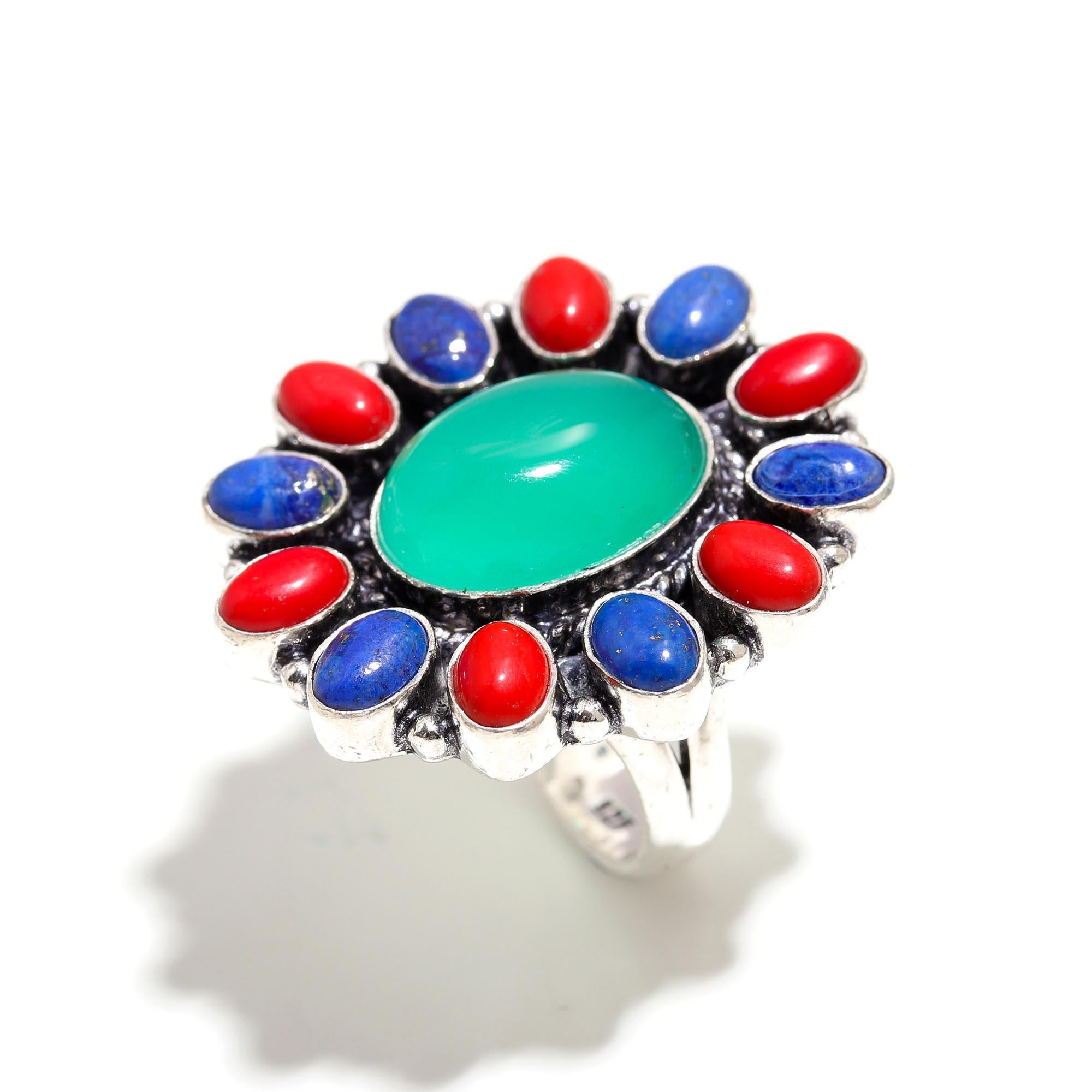 Green Onyx, Lapis Lazuli & Red Coral Boho Statement Ring – Handmade Silver Jewelry