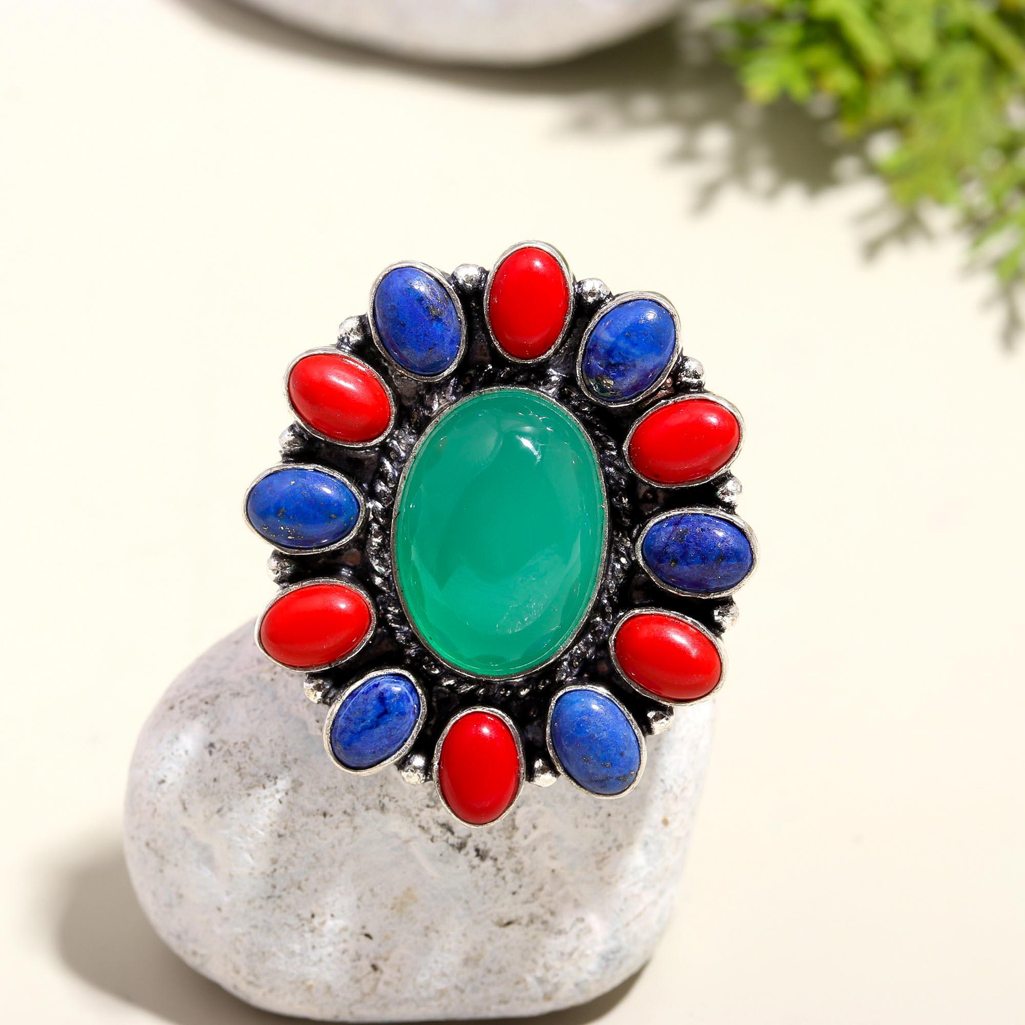 Green Onyx, Lapis Lazuli & Red Coral Boho Statement Ring – Handmade Silver Jewelry